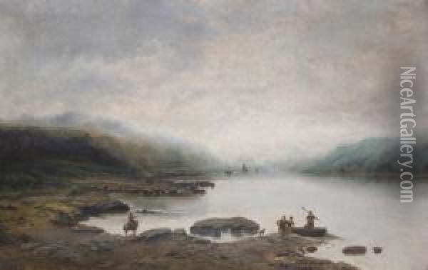 Personages In Een Meerlandschap. Oil Painting - Hippolyte Van Soon