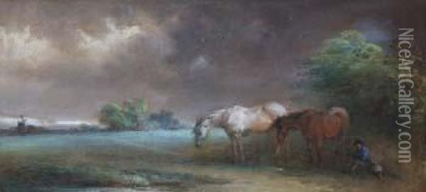 Rural Landscapewith Horses And Seated Figure Oil Painting - Edward Robert Smythe
