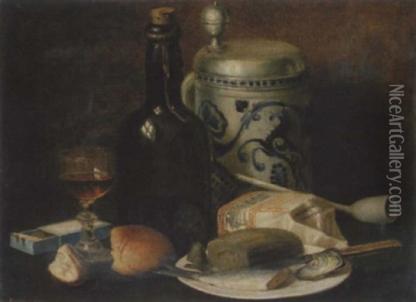 Stilleben Mit Essiggurke, Fisch Und Wein Oil Painting - Anton Weber