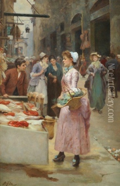 The Girl At The Market Stall Oil Painting - Alberto Pisa