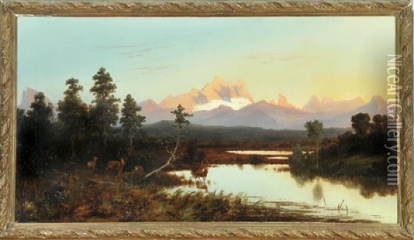 Hirsche In Moorlandschaft Vor Berggipfel Bei Sonnenaufgang Oil Painting - Anton Zwengauer the Elder