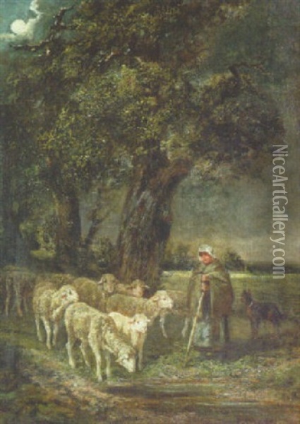 Bergere Gardant Un Troupeau De Moutons Oil Painting - Charles Emile Jacque