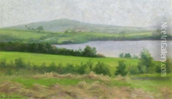 Mountain Lake, A Camden Landscape (+ Apple Blossoms, Oil On Board, Unsgd.; 2 Works) Oil Painting - Mary Neal Richardson