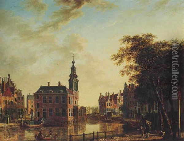 Amsterdam, A View Of The Munt Tower And The Doelenshuis On The Singel Oil Painting - Jan Ekels the Younger