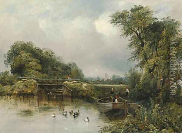 A wooded river landscape with a barge by a lock, a village beyond Oil Painting - Frederick Waters Watts