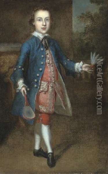 Portrait Of A Young Boy, Full-length, In A Blue Coat And Red Waistcoat And Breeches, Holding A Battledore Racket In His Right Hand And A Shuttlecock In His Left Oil Painting - Philip Mercier