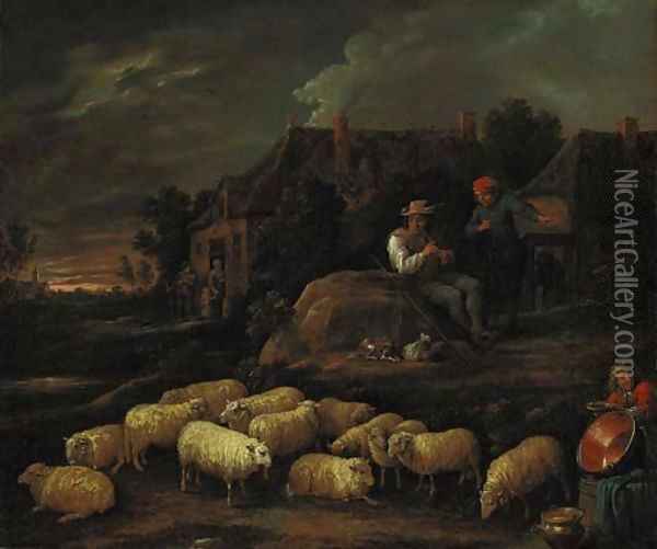 Shepherds with their flock by a village Oil Painting - David III Teniers