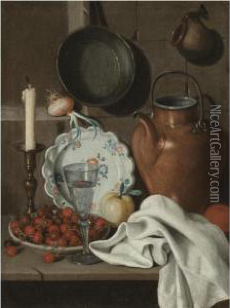A Still Life With A Candle, 
Cherries In A Stoneware Bowl, A Wine Glass, A Porcelain Plate, An Apple,
 An Orange, A Copper Kettle And A White Table Cloth All On A Stone 
Ledge, Together With A Sprouting Onion, A Saucepan And A Jug Oil Painting - Carlo Magini