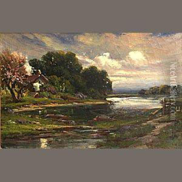 Cottage By A River Oil Painting - Manuel Valencia