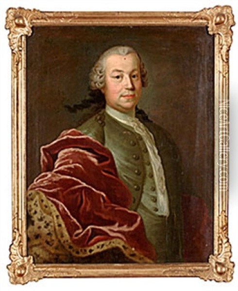 Portratt Av Herre I Bla Rock Och Riksradsmantel Oil Painting - Johann Henrik Scheffel