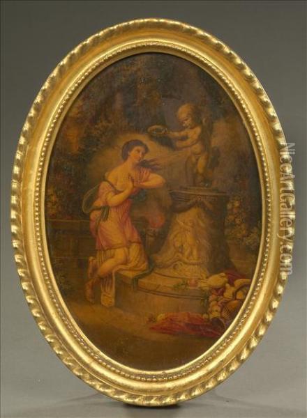 Thevotive Offering To Cupid Oleograph On Oak Oil Painting - Jean Baptiste Greuze