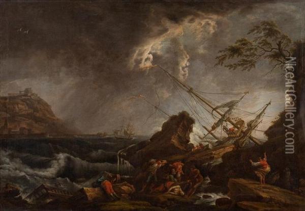 Mediterrane Kustenlandschaft Mit Schiffbruchigen Oil Painting - Claude-joseph Vernet