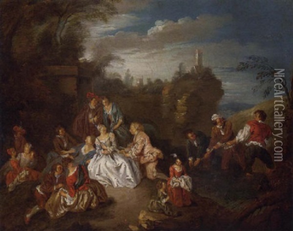 A Fete Champetre With Boys Fishing In A Stream Beyond Oil Painting - Jean-Baptiste Pater