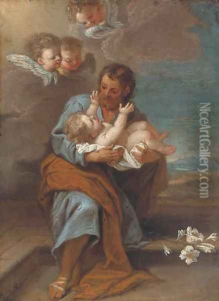 Saint Joseph and the Infant Christ with Cherubim Oil Painting - Filippo Lauri