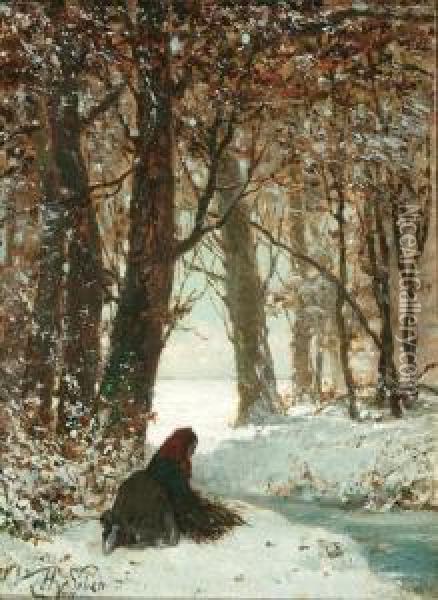 Faggot Gatherer In Forest, Winter Oil Painting - Henri van Seben