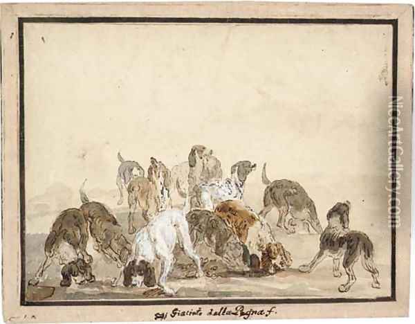 A pack of hounds Oil Painting - Giacinto Della Pegna (Hyacinthe De La Peigne)