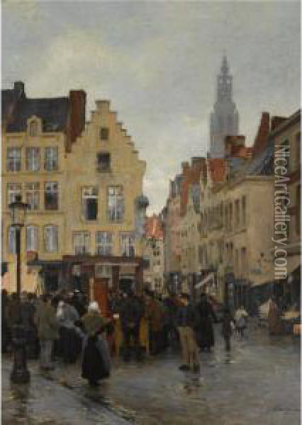A Busy Market In Antwerp Oil Painting - Edgard Farasyn