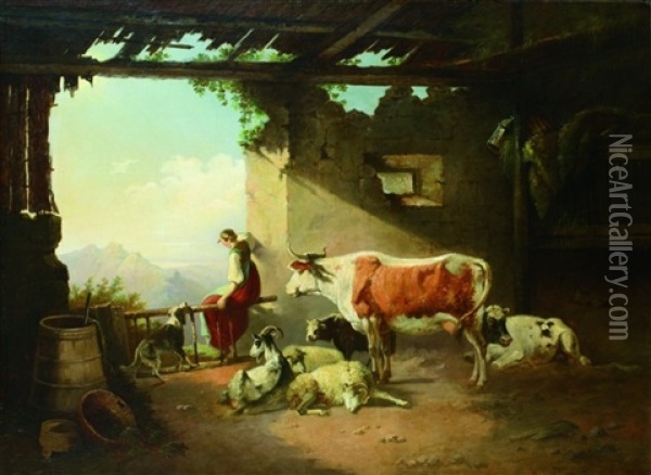 Viehstall Mit Blick Auf Ein Gebirge Oil Painting - Conrad Buehlmayer