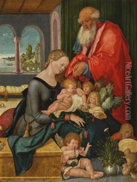 The Holy Family With Five Angels Oil Painting - Hans Baldung