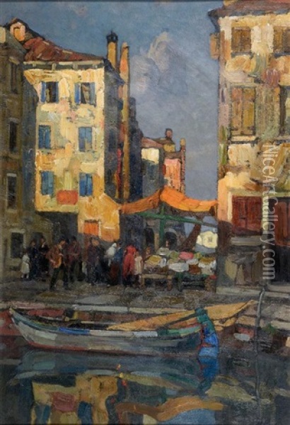 Marche En Bord De Canal Oil Painting - Angelo Pavan
