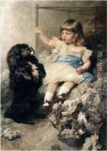 ``mach Mannchen!' (``give Me Your Paw!') Oil Painting - Ferdinand Keller