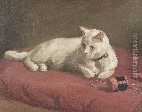 The Artist's Daughter's White Cat Oil Painting - Robert Wadsworth Grafton