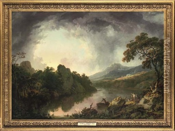 An Extensive Wooded River Landscape With Fishermen Hauling In Their Nets In The Foreground Oil Painting - George Barret
