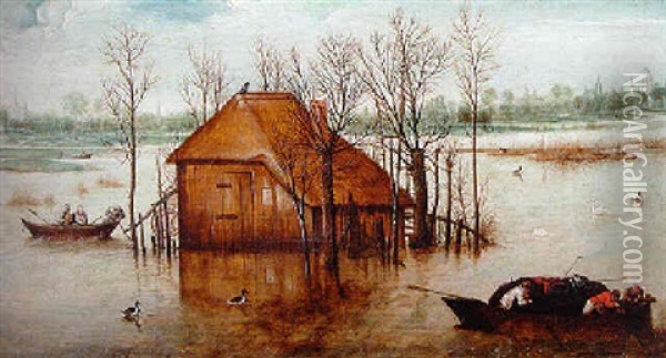 A Flooded Landscape With A Cottage, Rowboats, And A Village Beyond Oil Painting - Hans van Wechlen
