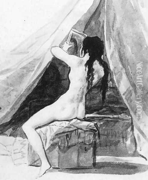 Nude Woman Holding a Mirror Oil Painting - Francisco De Goya y Lucientes