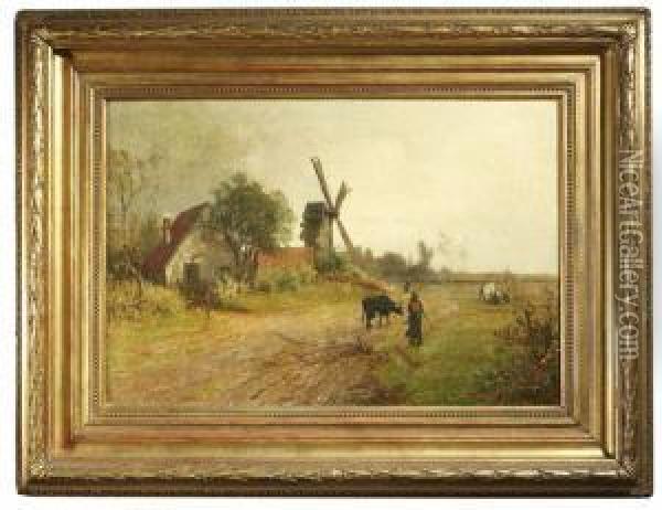 Landliche Szenerie Mit Bauerngehoft Und Windmuhle Oil Painting - Jakob Hoffmann