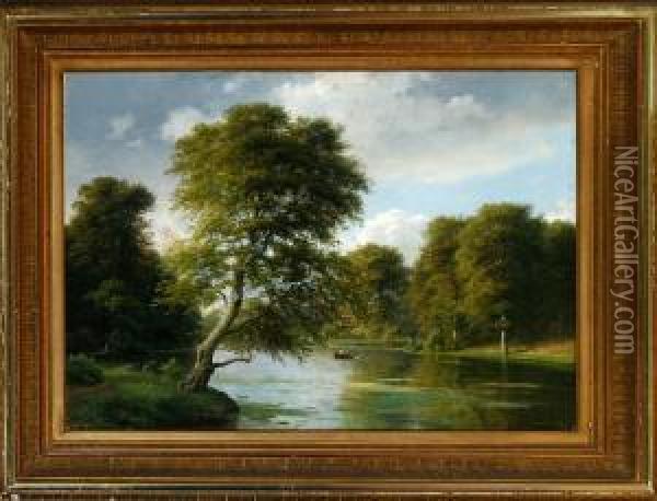 A Danish Summer Landscape With A Forest Lake Oil Painting - Georg Emil Libert