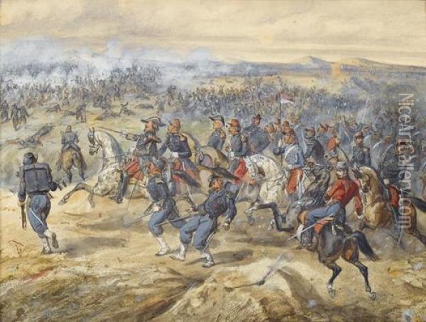 Gefechtsszene Mit Kavalleristen Und Reitendem General. Oil Painting - Joseph-Louis Hippolyte Bellange
