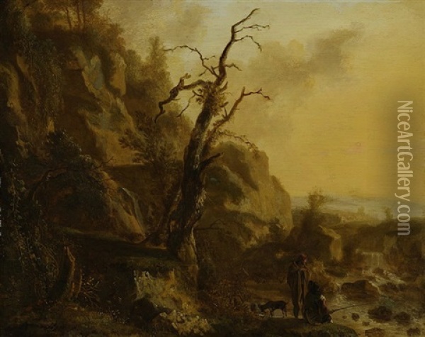 Felsige Landschaft Mit Fischer Und Wanderer An Fluss Oil Painting - Jan Dirksz. Both