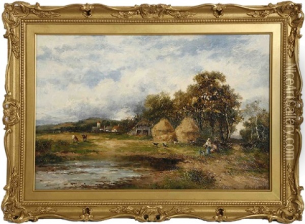 Hay Stacks, Farm Animals And Figures By A Pond Oil Painting - Carl Brennir