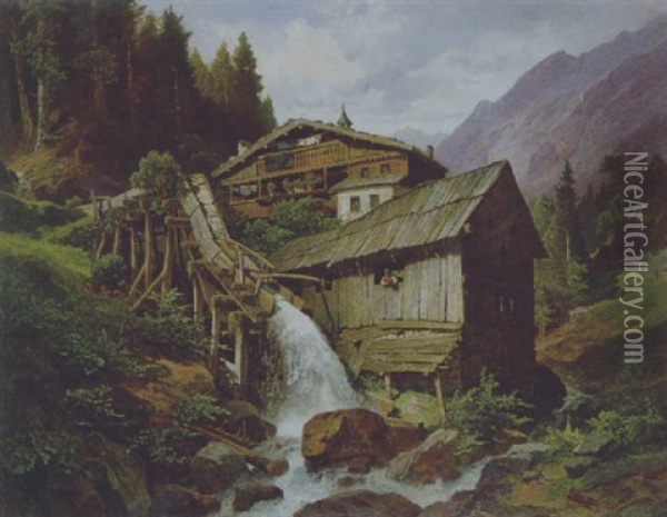 Muhle In Einer Berglandschaft Oil Painting - Leopold Munsch