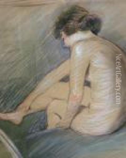 Seated Female Nude; Pencil, 
Black And Coloured Chalk On Buff Paper, Bears Two Signatures, 
47.5x42.5cm Oil Painting - Paul Cesar Helleu