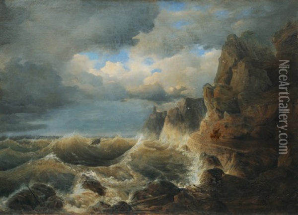 Stormy Coast Oil Painting - Johann Baptist Weiss