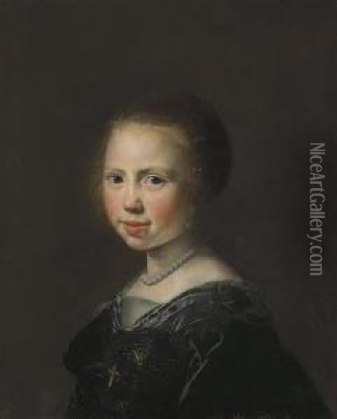 Portrait Of A Young Girl, Bust-length, In A Black Dress And Pearlnecklace Oil Painting - Jan De Bray