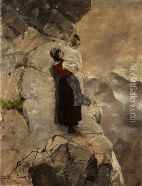 Junges Madchen An Einem Andachtsbild In Der Felswand Oil Painting - Mathias Schmid