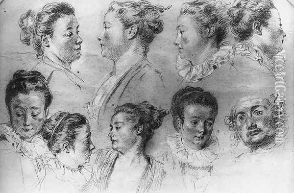 Studies of Women's Heads Oil Painting - Jean-Antoine Watteau