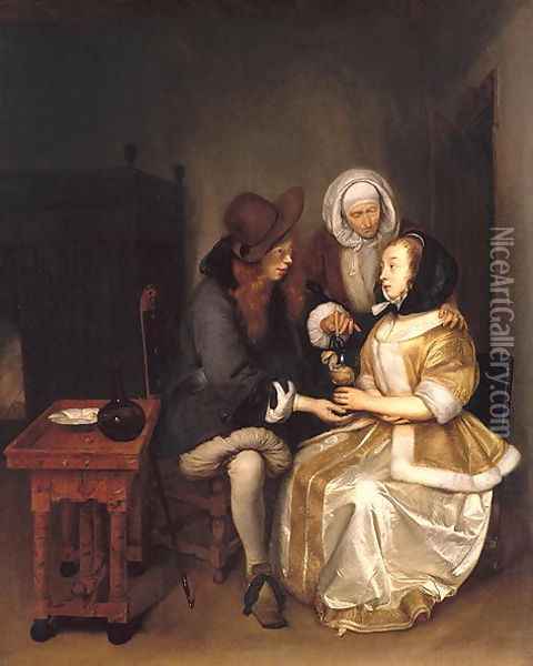 An Interior with a Couple and a Procuress- The Glass of Lemonade Oil Painting - Gerard Terborch