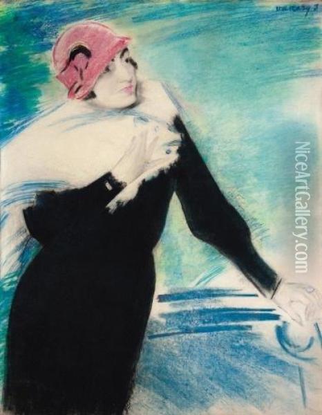 Woman In Hat Oil Painting - Janos Vaszary