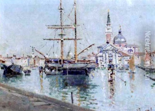 Ship At Harbour, Venice Oil Painting - Antonio Maria de Reyna Manescau