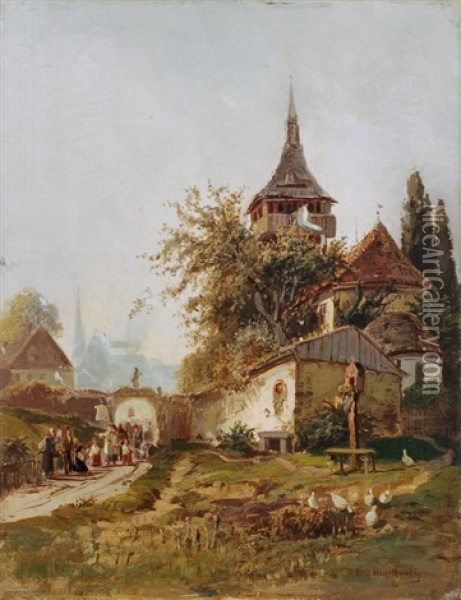 Heiligenprozession Am Stadttor Oil Painting - Hugo Muehlig