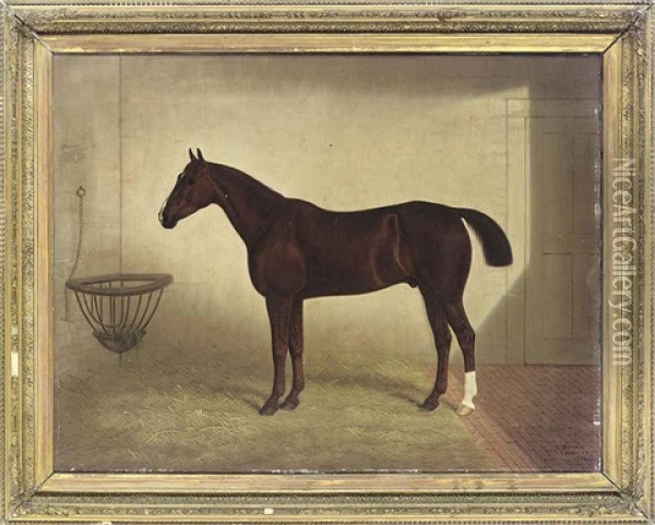 A Bay Hunter In A Stable Oil Painting - Edward (of Coventry) Brown
