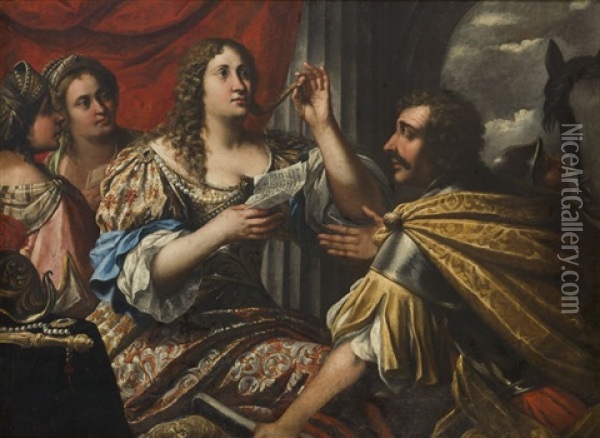 Rodogone Or Semiramis Receiving News Of The Revolt Of Babylon Oil Painting - Pietro della Vecchia