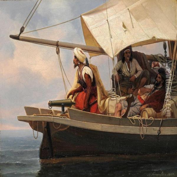 Pirates On The Watch On A Sailing Ship In The Sun Oil Painting - Niels Simonsen