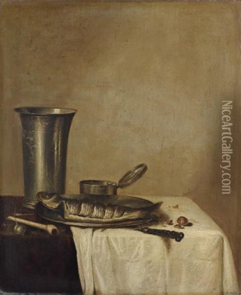 A Herring On A Pewter Platter, An Engraved Silver Tumbler, And A Pipe On A Partly-draped Table Oil Painting - Willem Claesz Heda