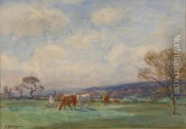 Yorkshire Landscape With Grazing Cattle Oil Painting - John Atkinson