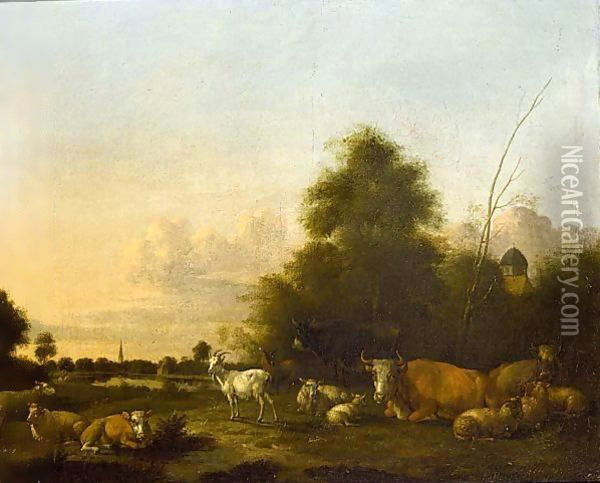 A Landscape With Cattle, Sheep And Goats In The Foreground, A Village Beyond Oil Painting - Albert-Jansz. Klomp